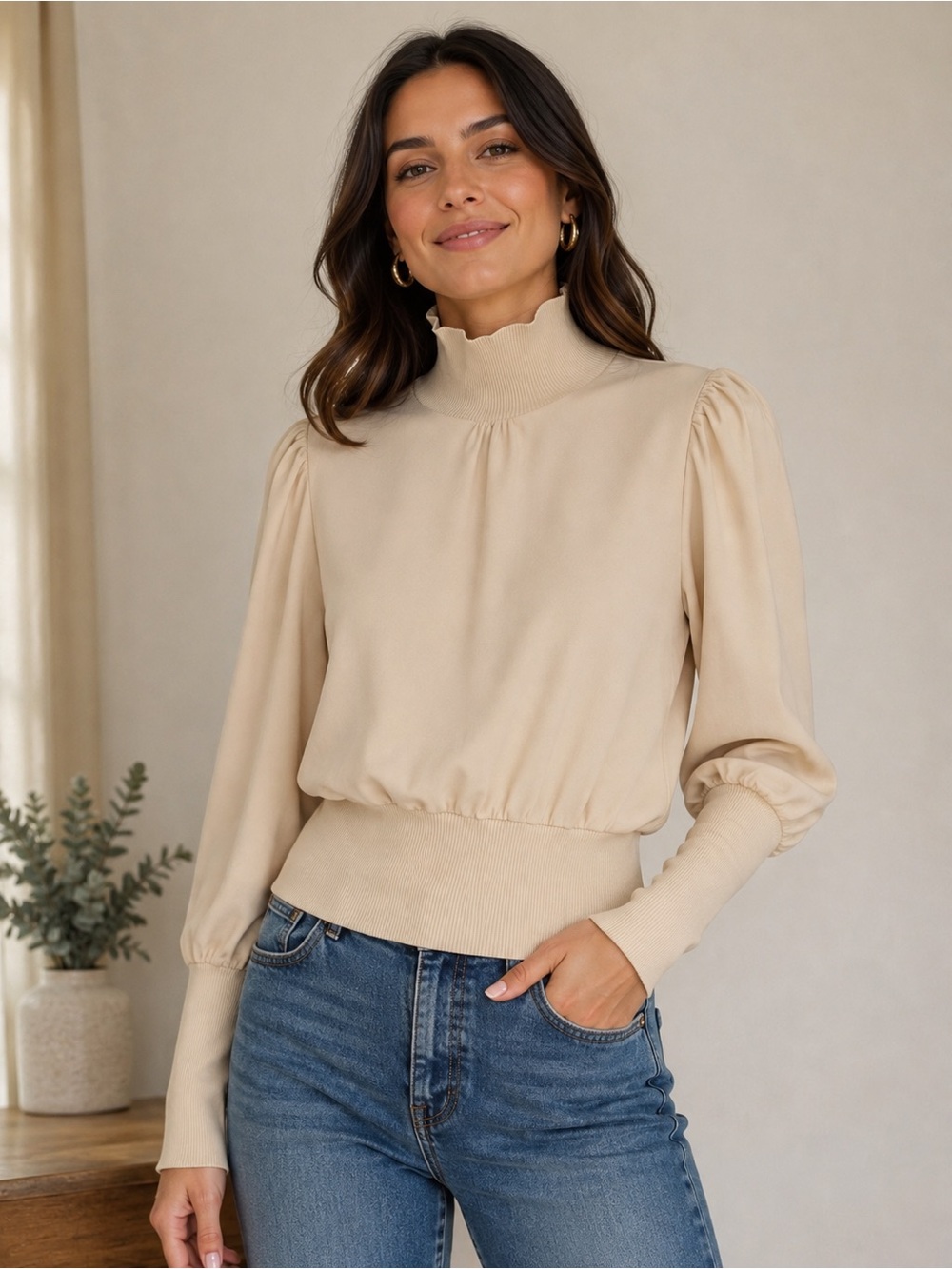 French Connection Woman Ivory Cream MockNeck Puff Sleeve Top Sz Small Fitted NWT